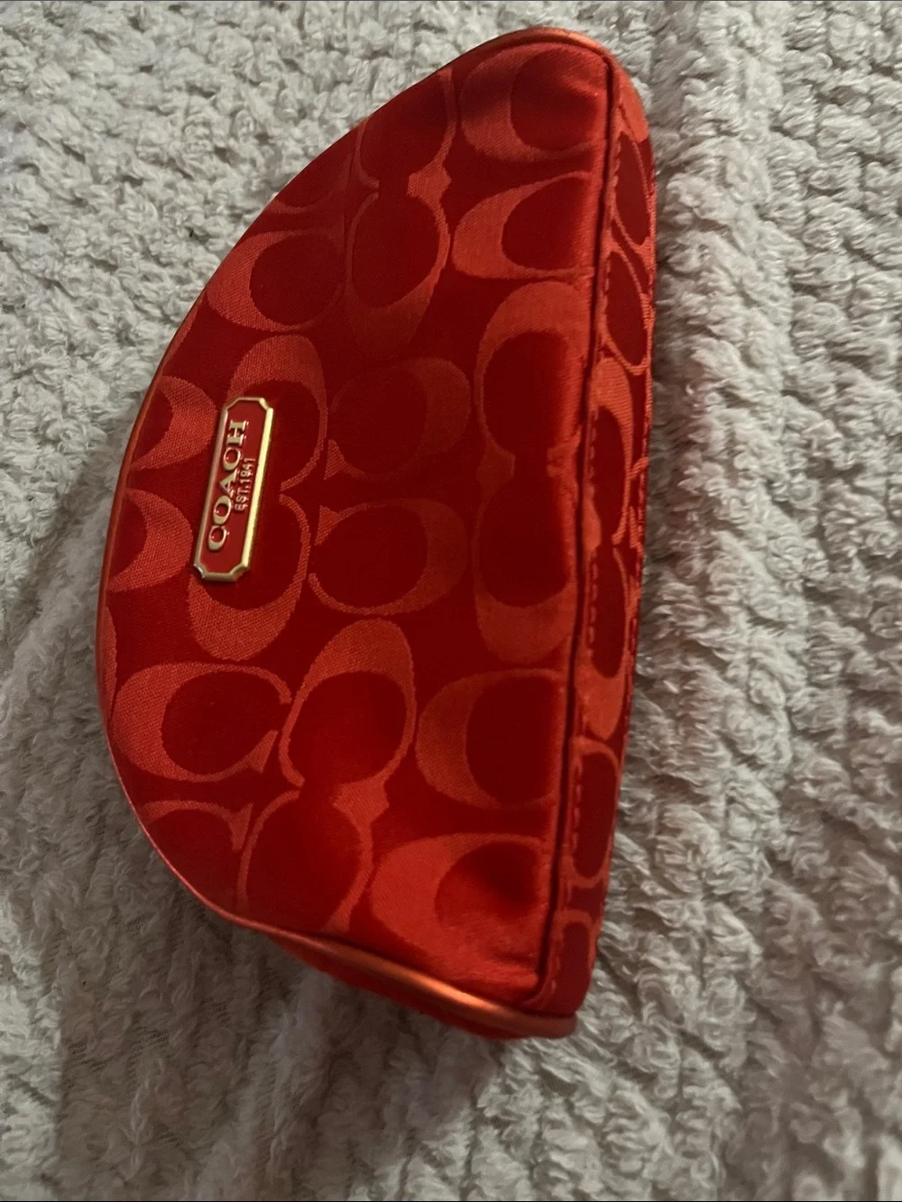 COACH Red Satin Signature Cosmetic Pouch with Gold Plaque Estée Lauder edition